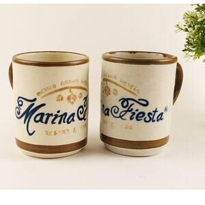 Set 2 Mexican Pottery Stoneware Mugs Signed ROS Mexico Marina Fiesta Hotel Spa